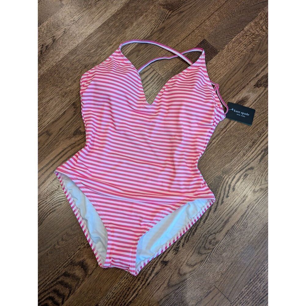 KATE SPADE Ringmaster Swimsuit Striped Radiant Pink Plunging V-neck Size M BNWT